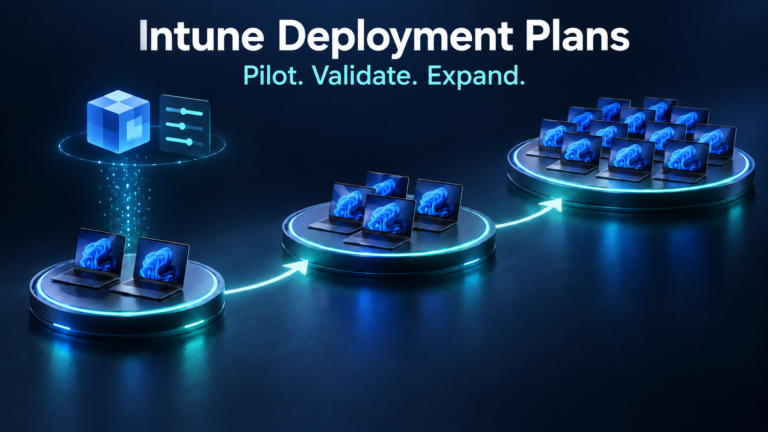 Intune Deployment Plans: Pilot. Validate. Expand. Three connected rings of Windows laptops illustrate a staged rollout.